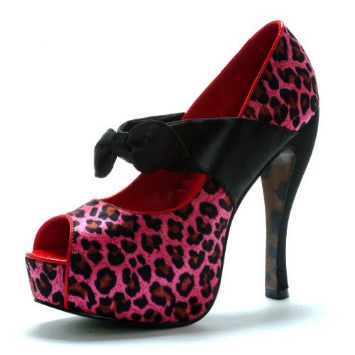 5 Inch High Heel Womens Sexy Rockabilly Shoes Animal Print Mary Janes With Satin Bow Size: 7 Colors: Pink