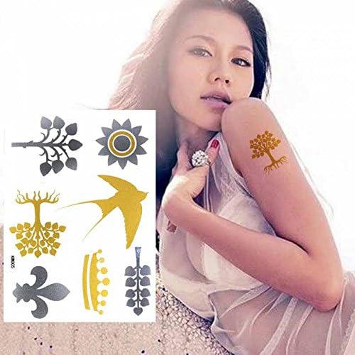 Body art tattoo size 5.91"x4.33" fashionable Golden gold and silver crown, swallow, tree, sun flower design fake temporary tattoo stickers