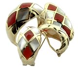 Red Jade and White Mother Of Pearl Diamond Back Earring, Ring and Pendant Set, 14k Gold