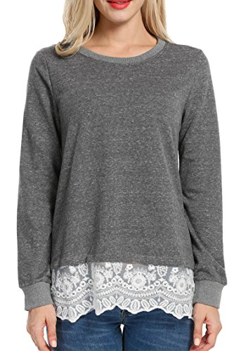 ACEVOG Women's Lace Long Sleeve Trim Casual Loose Fit Blouse Tops