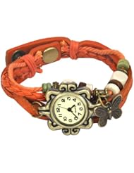 Women Retro Butterfly Charm Fashion Weave Wrap Leather Strap Bracelet Watch - Orange