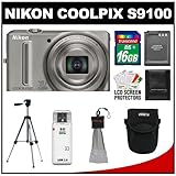 Nikon Coolpix S9100 12.1 MP Digital Camera (Silver) with 16GB Card + Batter ....