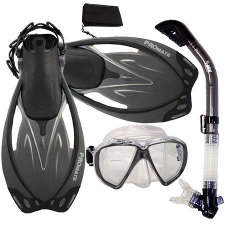 PROMATE Snorkeling Scuba Dive Dry Snorkel New Fish-Eye Mask Fins Gear Set, Titanium, ML/XL