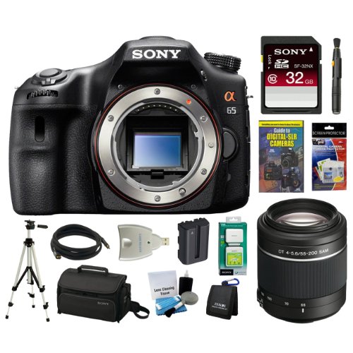 Sony Alpha SLT-A65V 24.3MP Digital SLR with Translucent Mirror Technology (Body Only) + Sony 32GB SDHC + Sony 55-200 Lens + Sony Case + Sony Remote + Mini HDMI Cable + Replacement Battery Pack + Accessory Kit On Sale
