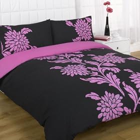 Funky Chrysanthemum Pink & Black Floral King Size Duvet Quilt Cover Bedding Set