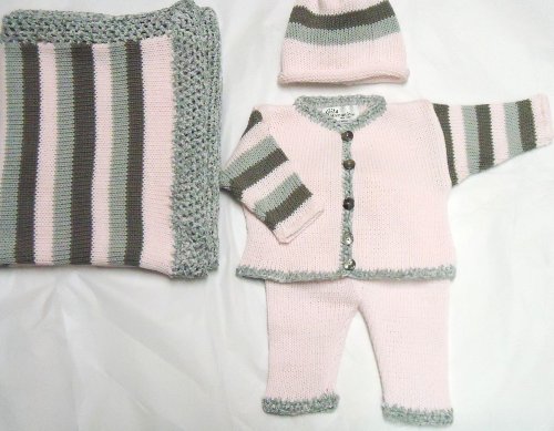 Ck1.010, Knitted on Hand Knitting Machine Finished By Hand Crochet Light Pink Cotton Light Grey Dark Grey Stripes Girls Cardigan Pant Hat Set with Matching Blanket for Ages 0-6 Months