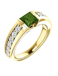 14K Yellow Gold 5.00x5.00mm Princess Cut Green Tourmaline and Diamond Ring -- LIFETIME WARRANTY