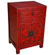 Handmade Asian Furniture - 24" Antique Style Red Wood Storage Cabinet With Oriental Butterflies