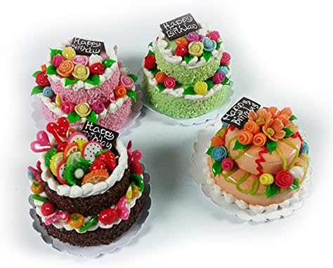 Mini Dollhouse Set of 4 Rose & Fruit Chocolate Cake Miniature Food