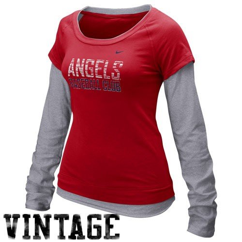 Nike Los Angeles Angels of Anaheim Ladies Red-Ash Who's My Team Double Layer Long Sleeve Vintage T-shirt