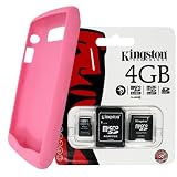 Kingston 4GB MicroSD Card With SD and MiniSD Adapters and BlackBerry Pink Patterned Color Silicone Skin Case for BlackBerry Pearl 3G 9100