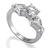 Sterling Silver Ring Round Cubic Zirconia CZ w/Side Stones Wedding Engagement Ring - Ideal Gift For Mother Day, Anniversary, Engagement, Wedding, Birthday, For Her
