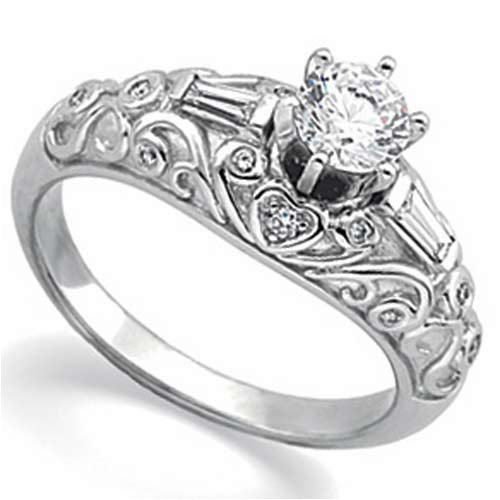 0.25 Ct.T.W. Round Brilliant Cut and Baguette Cut Diamonds 14K White Gold. Vintage Style Diamond Engagement Ring Semi Mount Setting