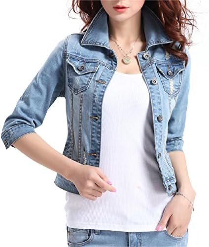Fundu Women's Lapel Denim Light Blue Cut Out Three Quarter Sleeves Short Jacket US 10