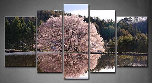 Damenight 5 Panel Wall Art Pink Cherry Tree Reflection In Water Lake Many Trees Painting Pictures Print On Canvas Landscape The Picture For Home Decoration Stretched By Wooden Frame,5pcs/set