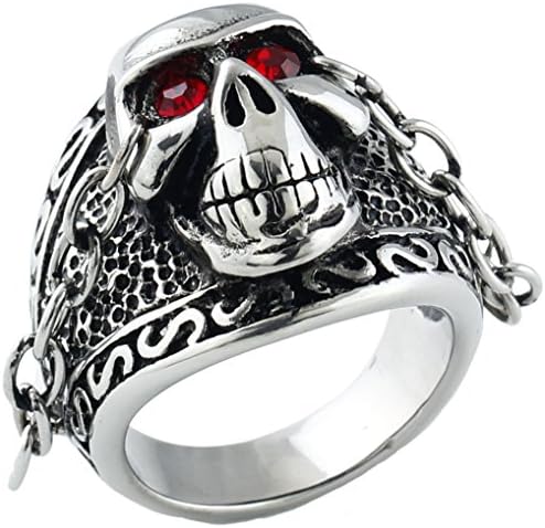 Mikiy Men's Punk Style Skull and Chain Decor Titanium Steel Ring(with Gift Box/Bag)(Red)(9)