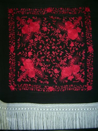 Stylish Silk Piano Shawl Black with Red Flamenco Floral Embroidery & Fringe