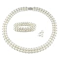 White Pearl Double Row Necklace - 17", Silver Beaded Pearl Bracelet - 7" & Pearl Button Earring