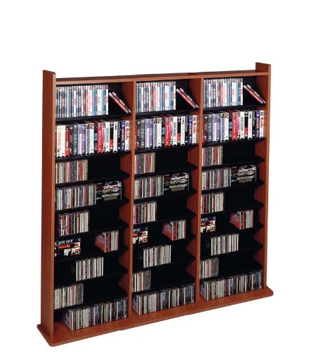 High Capacity Triple Width Multimedia Storage Rack in Cherry and Black Finish