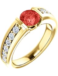 10K Yellow Gold 6.00mm Round Cut Chatham Created Padparadscha Sapphire and Diamond Ring -- LIFETIME WARRANTY