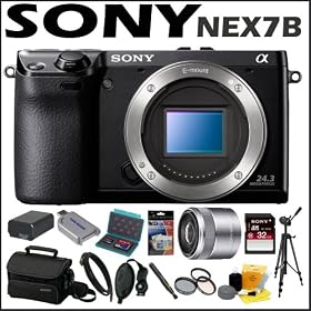 Sony DSLR NEX7B 24.3MP Digital SLR Camera Body + 50mm F1.8 Nex System Camera Lens + Sony 32GB SD Card + Sony Camera Bag + 3 Foot Mini HDMI Cable + Accessory Kit