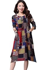 Plus Size Cotton/Linen Plaid Print Midi Dress 