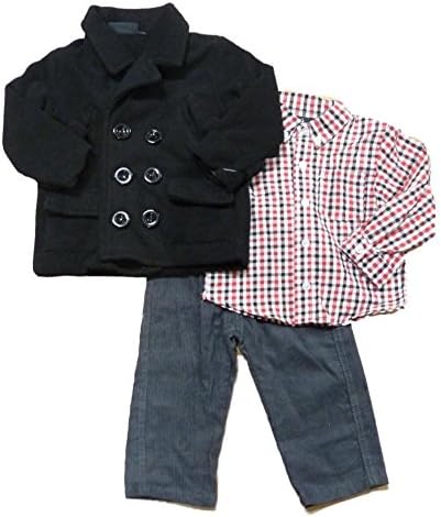 Only Kids Infant Boys 3 Outfit Gray Cord Pants Red Plaid Shirt & Black Peacoat