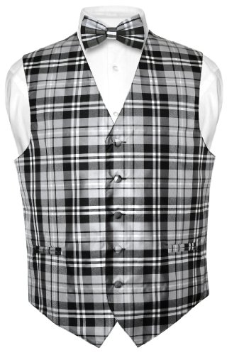 Men's Plaid Design Dress Vest & BOWTie Black Gray White BOW Tie Set Large