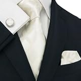Landisun 29G Ivory Plaids & Checks Mens Silk Tie Set: Tie+Hanky+Cufflinks