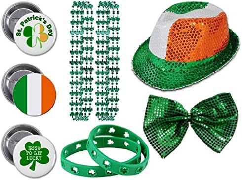 St. Patrick's Day party set. Includes Sequin Fedora Irish Hat, Glitz 'N Gleam Bow Tie, Shamrock Beads Necklaces, Buttons, Bracelets