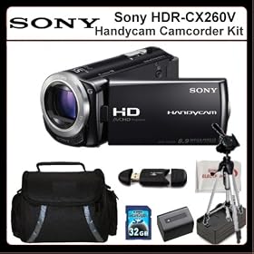 Sony HDR-CX260V Handycam Camcorder + Accessory Kit. This Package Includes the Sony CX260V Camcorder, 32GB Memory Card, Memory Card Reader, Extended Life Battery, Rapid Travel Charger, 72 Tripod, Large Carrying Case & SSE Microfiber Cleaning Cloth