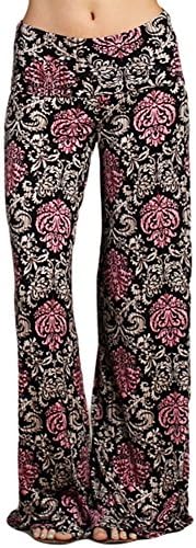 Womens Sexy Pink Black Tan Damask Floral Print Wide Leg Boho Palazzo Yoga Pants