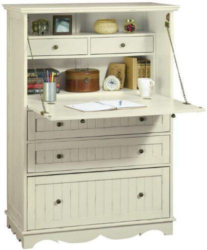 French Country Deluxe Secretary Desk, FIVE-DRAWER, ANTIQUE WHITE