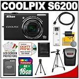 Nikon Coolpix S6200 Digital Camera (Black) with 16GB Card + Battery + Tripo ....