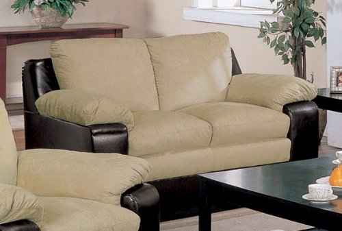 Loveseat Sofa in Beige Microfiber Dark Brown Vinyl