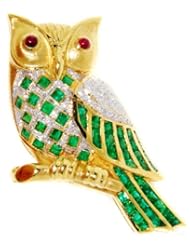 Gemstone Emerald Owl Brooch/Pin Diamond 18K Yellow Gold [I_005]
