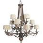Progress Lighting P4569-102 12-Light 3-Tier Chandelier Feature Graceful Scrolled Metalwork with Ecru Linen Pleated Fabric Shades, Roasted Java
