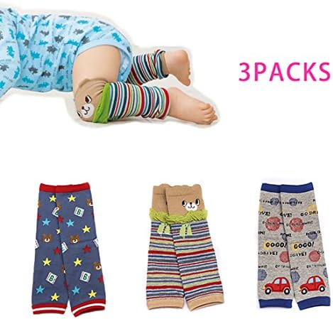 Kids (S-01) Mikimoko 3 Pairs Cute Cotton Cartoon Soft Baby Toddler Crawling Knee Leg Sleeve Warmers Pads Protector High Tube Socks for Boys under 3 years Old