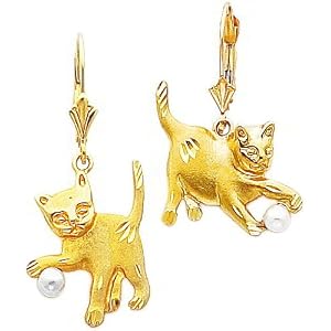 14K Gold Diamond-Cut Cat Cultured Pearl Earrings