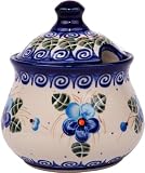 Polish Pottery Ceramika Boleslawiec, 0051/162, Sugar Bowl Iza, 1 Cup, Royal Blue Patterns with Blue Pansy Flower Motif