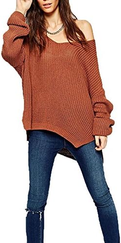 Fairyland7 Womens Boyfriend V Neck Cable Knit Sweater Off Shoulder Jumpers (M)