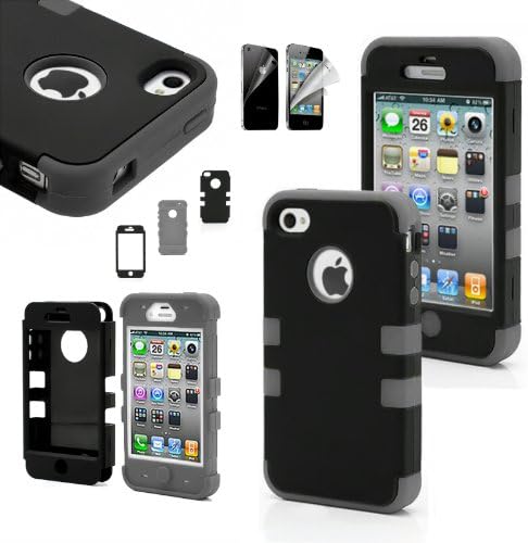 CWAccessories (TM) Black High Impact Hybrid Matte Hard Case Silicone Rubber Cover for Apple iPhone 4 4G 4S w/ Screen Protector (Grey)