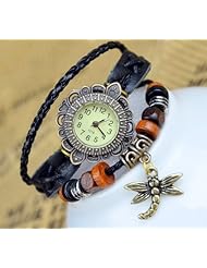 KANO BAK(TM) Fashion Weave Wrap Around Press Button Leather Retro Bracelet Woman Girl Unisex Dragonfly Wrist Nice Gift Watch Black