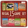There Are 15 Games All in One Tin. Games Include: Timber Tumble, Blackjack, Texas Holdem, 100 Poker Chips & Playing Cards, Mancala, Checkers, Chess, Chinese Checkerhysteria,s, Backgammon, Hysteria, Elimination, Horse Race, Tic-tac-toe, Tricky Triangle & Mill. All Game Boards and Pieces Are Made of Solid Wood.
