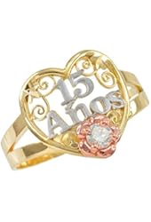 10k Tri-Tone Gold Sweet 15 Anos Solitaire CZ Quinceanera Heart Ring