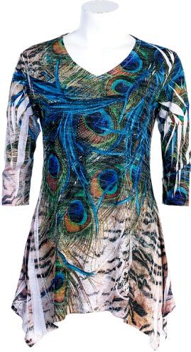 Jess N Jane "Blue Peacock" Sublimation Tunic with Rhinestones and Sharks Tale Hem-2x