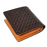 本牛革 イントレチャート 二つ折り 短財布 チョコレートブラウン×キャメル 編み込みレザーウォレット 茶