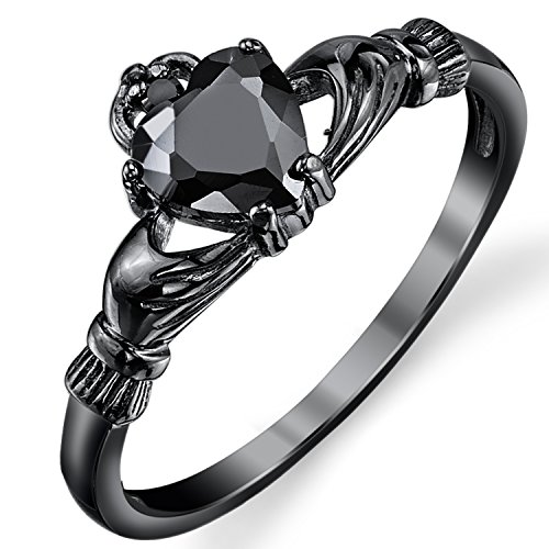 Black Sterling Silver Irish Claddagh Friendship & Love Ring Heart Ring with Black Cubic Zirconia