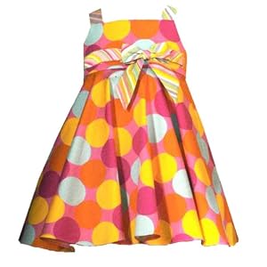 Rare Editions - Chantilly Place Toddler Girls 2T-4T PINK ORANGE MULTI-DOT STRIPED BOW Spring Summer Party Dress