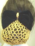 Sn72, Hand Crocheted Metallic Gold Gimp Dress Snood with Black Velvet Bow for Women and Teens